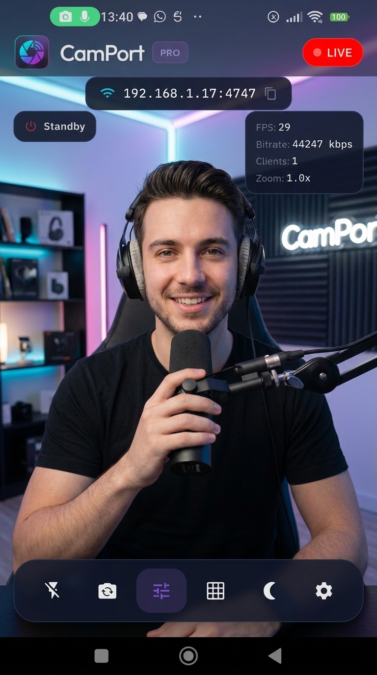 CamPort live camera preview with a creator on air